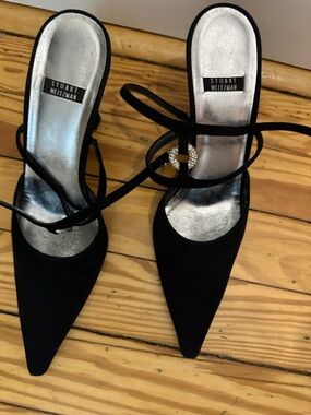Stewart Weitzman Black Pointed Toe Ankle-Strap Women’s Heels with jewels